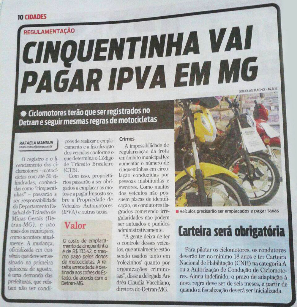 Cinquentinha vai pagar IPVA em MG